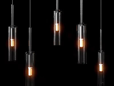 Modern Glass Tube Pendant Lights with Multiple Lit Bulbs on Dark Background 3d model