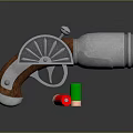 Classic Revolver With Silver Metal Body Wooden Grip And Red Green Bullets