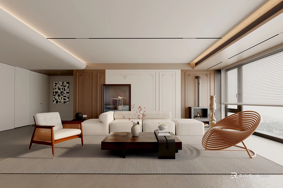 Modern Living Room Interior With White Sofa Wicker Chair Coffee Table And Artwork 3d model 