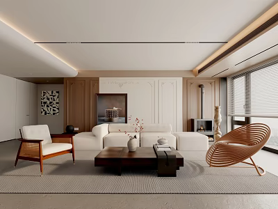 Modern Living Room Interior With White Sofa Wicker Chair Coffee Table And Artwork 3d model