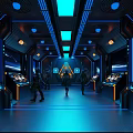 Futuristic Sci Fi Control Room With People Walking Blue Orange Lighting And Consoles
