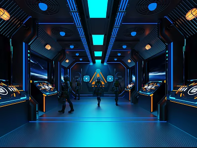 Futuristic Sci Fi Control Room With People Walking Blue Orange Lighting And Consoles 3d model