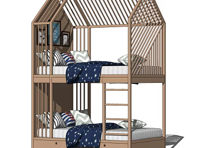 Wooden Bunk Bed with House Shaped Design Ladder Striped Pillows and Bedding 3d model