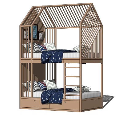Wooden Bunk Bed with House Shaped Design Ladder Striped Pillows and Bedding 3d model