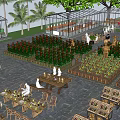 Scenic Rural Landscape With Greenhouses Palm Trees Flower Beds And Outdoor Seating Areas