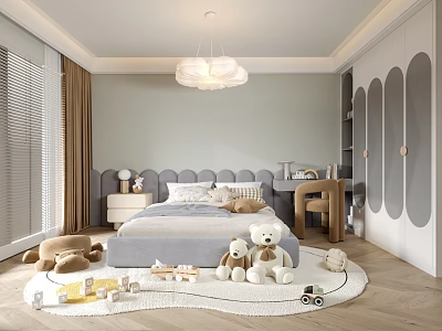 Cozy Kids Room Interior With Soft Bed Stuffed Teddy Bears Toy Car Round Rug And Bookshelf 3d model