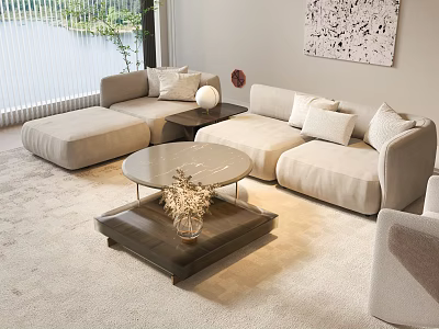 Modern Beige Sofa And Coffee Table Set With Round Top Soft Cushions And Decorative Plant 3d model