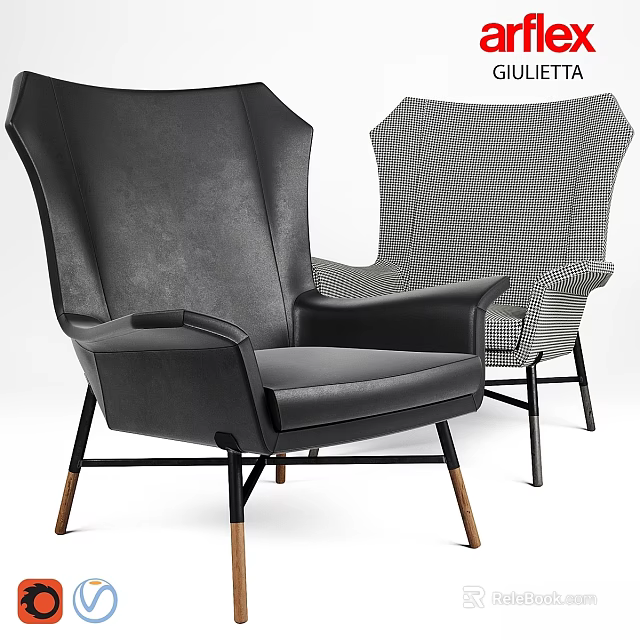 Stylish Black Leather Leisure Chair With Checkered Pattern And Wooden Legs 3d model 