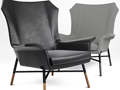 Stylish Black Leather Leisure Chair With Checkered Pattern And Wooden Legs 3d model