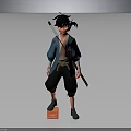 3D Animated Character Model With Blue Top Black Pants And Staff Standing On Red Platform Block