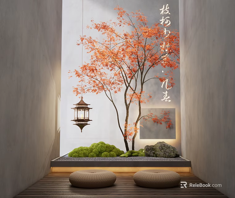 Traditional Indoor Landscape With Red Maple Tree Hanging Lantern Green Moss Stones And Floor Cushions 3d model 