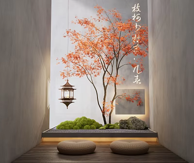 Traditional Indoor Landscape With Red Maple Tree Hanging Lantern Green Moss Stones And Floor Cushions 3d model