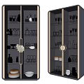 Modern Wine Cabinet With Glass Door Displaying Glasses Bottles And Dishes