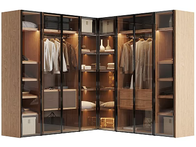 Modern Glass Door Wardrobe With Clothing Hanging Area And Wooden Storage Shelves 3d model