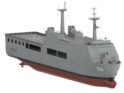 Gray Warship With Red Bottom Number 158 And Masts On Deck Structure 3d model