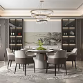 Elegant Restaurant Interior With Round Dining Table Chandelier And Backdrop Wall 3d model