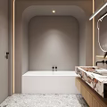 Modern Bathroom Interior Design With Bear Ear Shaped Mirror Marble Countertop And Wooden Cabinets