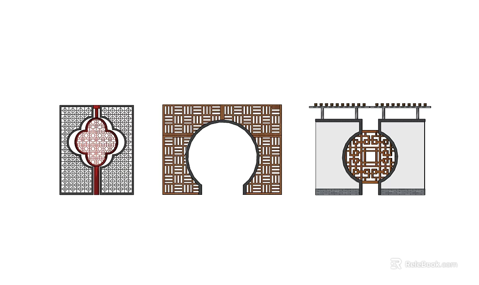 Traditional Chinese Scenic Wall Design With Carved Lattice Circular Archway And Grid Patterns 3d model 