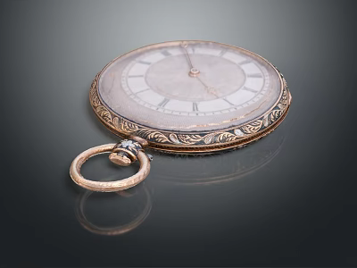 Vintage Pocket Watch With Ornate Case Roman Numeral Dial And Metal Chain Ring 3d model