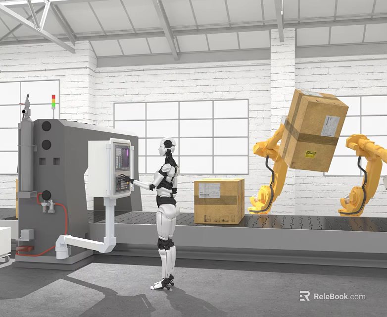 Smart Machines With Robot And Robotic Arms Handling Boxes In Industrial Factory 3d model 
