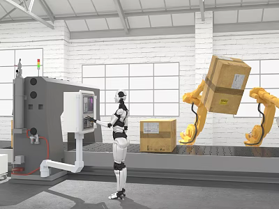 Smart Machines With Robot And Robotic Arms Handling Boxes In Industrial Factory 3d model