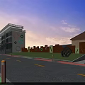 Urban Road Infrastructure With Yellow Dividing Lines White Edge Lines Buildings And Fences