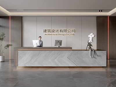 Modern Architectural Design Company Reception Desk With Marble Countertop Staff And Decorative Sculpture 3d model