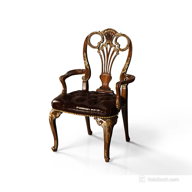 Classic Wooden Armchair With Carved Design Leather Upholstered Seat And Gold Accents 3d model 