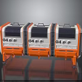 Three Parallel Orange White Industrial Equipment Units With Blue Panels And Support Legs Numbered 04