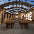 Traditional Cultural Exhibition Indoor Space With Wooden Tables Wall Photos And Murals