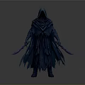 Mystic Blue Hooded Warrior Figure With Tattered Cloak Holding Two Purple Daggers