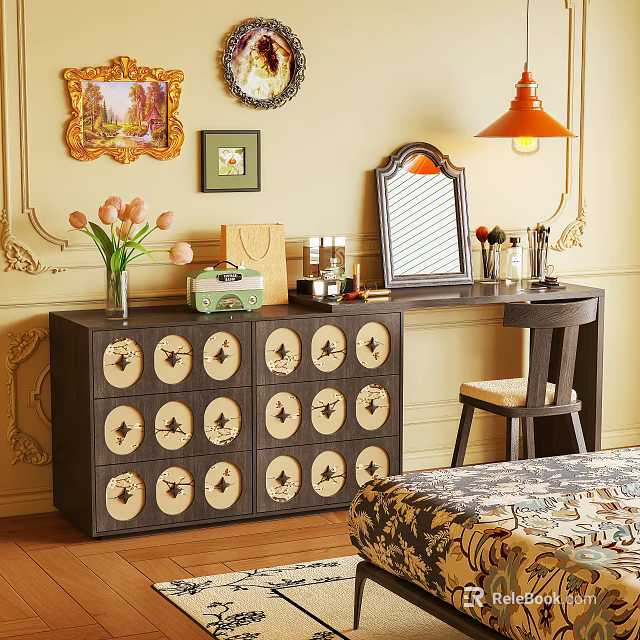 Vintage Vanity Table with Round Decorative Drawers Mirror and Pink Flowers Orange Pendant Light 3d model 