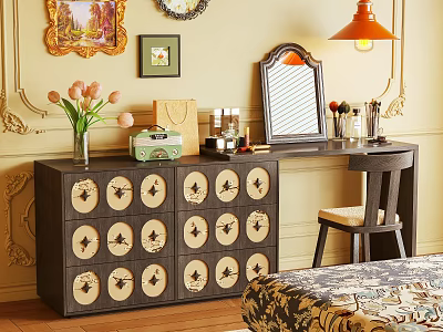 Vintage Vanity Table with Round Decorative Drawers Mirror and Pink Flowers Orange Pendant Light 3d model