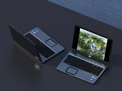 Two HP Laptops On Dark Desktop With One Screen Displaying Scenic View 3d model