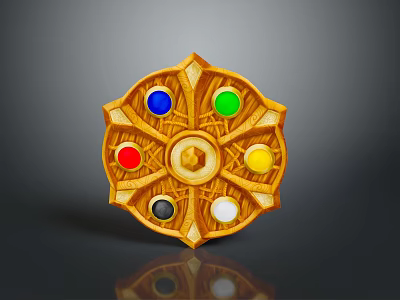 Golden Circular Magic Weapon Featuring Six Colored Gems Blue Green Red Yellow Black White 3d model