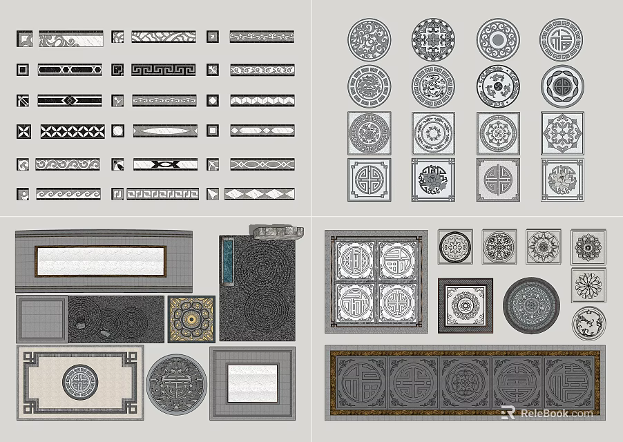 Various Floor Tiles with Traditional Geometric Circular and Square Patterns 3d model
