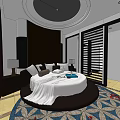 Hotel Room With Round Bed White Bedding Bedside Tables Lamps And Decorative Carpet