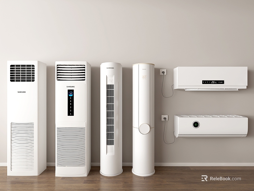 Various Styles of White Air Conditioner Fans Including Standing and Wall Mounted Indoor Units 3d model 