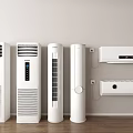 Various Styles of White Air Conditioner Fans Including Standing and Wall Mounted Indoor Units