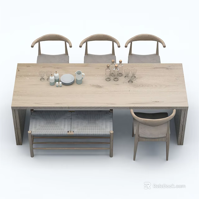 Modern Wooden Dining Table Set With Chairs Bench And Glasses Tableware 3d model