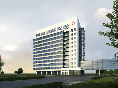 Modern Hospital Building Exterior With Red Cross Symbol Glass Structure And Surrounding Road Greenery 3d model