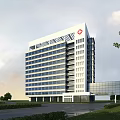 Modern Hospital Building Exterior With Red Cross Symbol Glass Structure And Surrounding Road Greenery