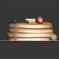 Stack of Fluffy Pancakes Topped with Butter Strawberries Blueberries and Syrup on White Plate