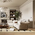 Elegant Modern Living Room Interior With Chandelier Bookshelves Fireplace Sofa And Rug