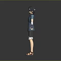 Game Anime Character 3D Render Model With Blue Jacket Shorts Fingerless Gloves And Goggles