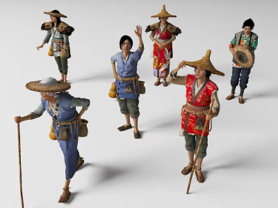 Group Of People In Traditional Costumes With Straw Hats And Props 3d model
