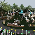 Vibrant Camping Site With Colorful Tents Palm Trees And Green Lawn