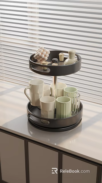 Black Two Tier Tray With Ceramic Mugs Glass Cups And Small Decorative Items 3d model 
