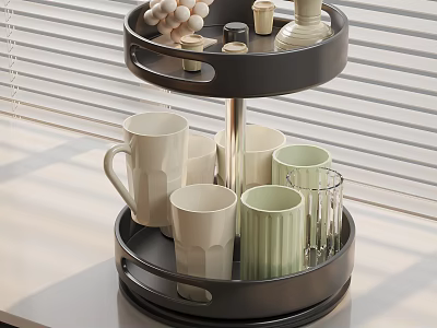 Black Two Tier Tray With Ceramic Mugs Glass Cups And Small Decorative Items 3d model