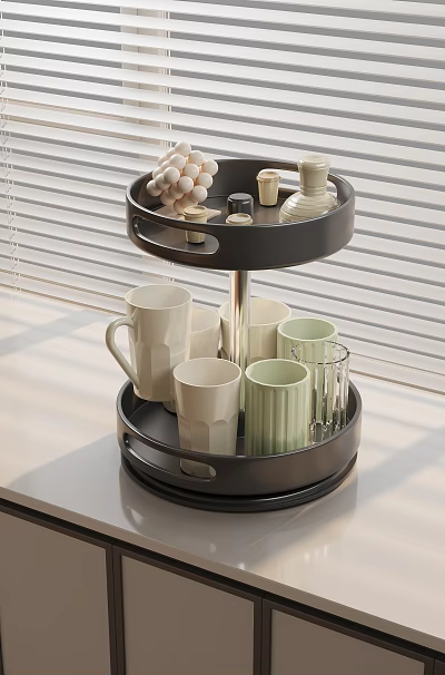 Black Two Tier Tray With Ceramic Mugs Glass Cups And Small Decorative Items 3d model